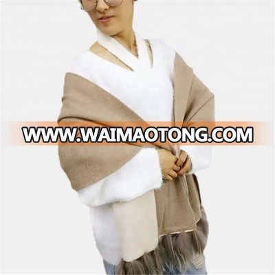 Autumn winter women fashion design intarsia knit cashmere shawl with fur balls