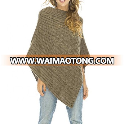 Wholesale igh quality wool cashmere cable knitted triangle lady poncho